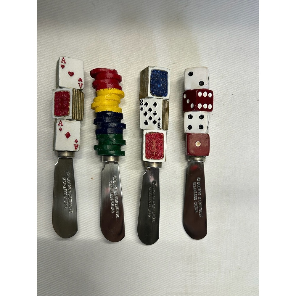 Set of 4 Boston Warehouse Casino Theme Cheese Spreaders Cards Dice & Poker Chips